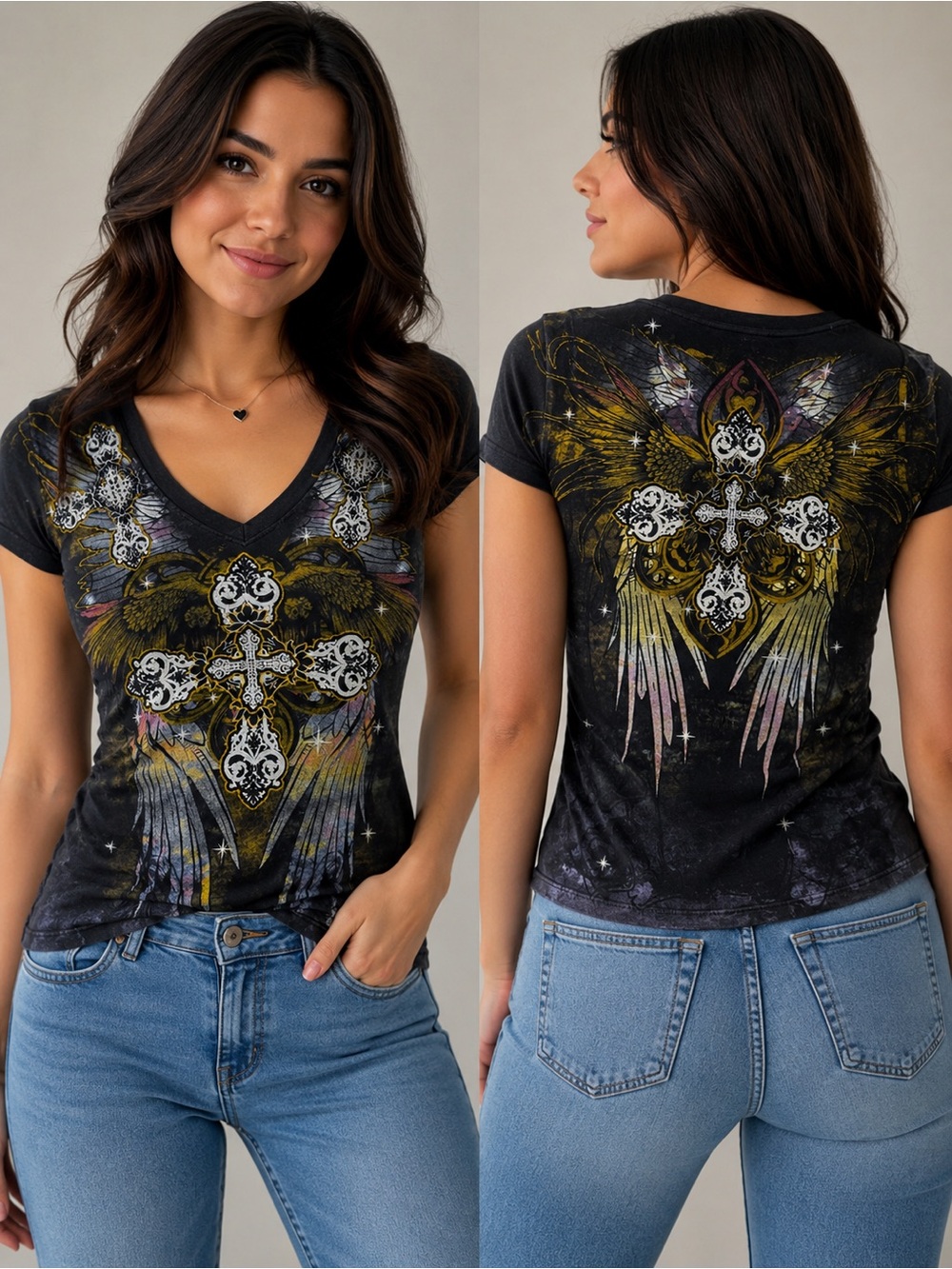 Angels Black V-Neck Tee with Cross and Wing Graphic